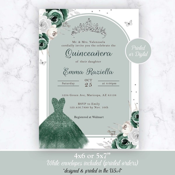 Quinceanera Invitation, Green Quinceanera Invitation, Quinceanera Green Invitation, Emerald Green Quinceanera Invitation