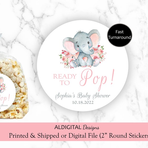 Ready to Pop Elephant Sticker, Ready to Pop Pink Elephant Sticker, Elephant Ready to Pop Baby Shower Sticker, Pink Elephant Sticker Favor