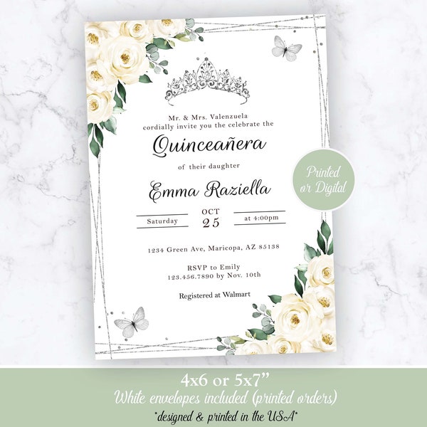 Quinceanera Invitation, White Cream Quinceanera Invitation, Quinceanera White Invitation, White Floral Silver Crown Quinceanera Invitation