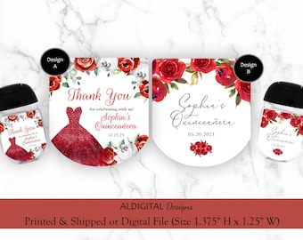 Hand Sanitizer Label, Quinceanera Favors Sanitizer Labels, Quinceanera Hand Sanitizer Labels, Quinceanera Red Sanitizer Labels