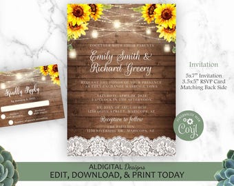 May include: Rustic wedding invitation with a woodgrain background, sunflowers, string lights, and lace trim. The invitation reads "Emily Smith & Richard Greery" and includes the date, time, and location of the wedding. The RSVP card is also included.