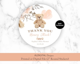 Teddy Bear Pink Favor Stickers, Teddy Bear Baby Shower Stickers, Bear Baby Shower Favor Stickers, We can bearly wait