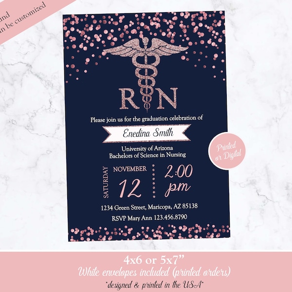 Nursing Graduation Invitation, Nursing Invitation, Graduation Invitation, Nursing Announcement Navy Blue Rose Gold, PRINTED or DIGITAL