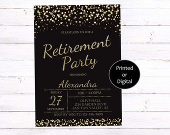 Retirement Invitation, Retirement Party Invitation, Retirement Black Gold Invitation