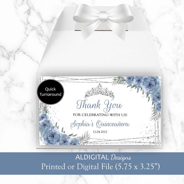 Quinceanera Gift Box Labels, Quinceanera Blue Gable Box Sticker Labels, Sweet 16 Gable Box Labels, Blue Floral Crown Favor Box Labels