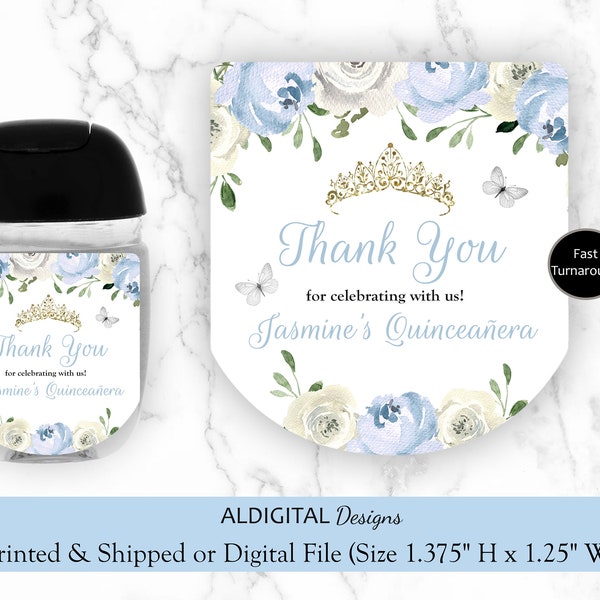 Hand Sanitizer Label, Quinceanera Favors Sanitizer Labels, Quinceanera Hand Sanitizer Labels, Quinceanera Blue Sanitizer Labels