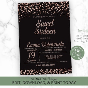 Sweet 16 Invitation, Sweet 16 Birthday Invitation, Rose Gold Invitation,  EDITABLE TEMPLATE