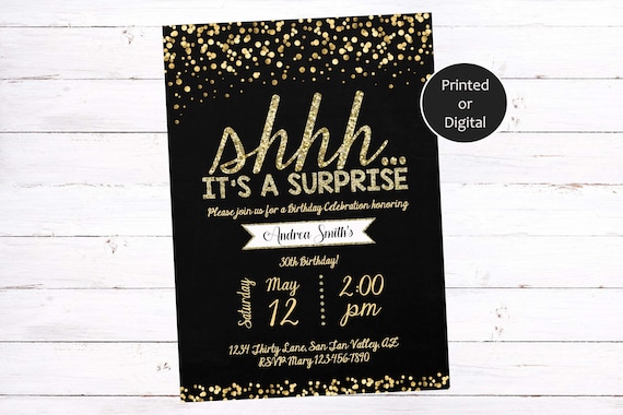 Surprise Birthday Invitation, Gold Glitter Black Surprise Birthday Invitation, Surprise Invitation, Surprise Party Invitation