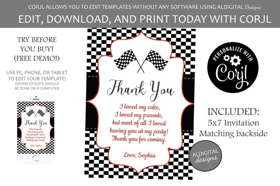 Racing Thank You Card Race Car Thank You Card Thank You | Etsy