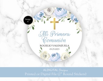 Primera Comunion Stickers, First Communion Stickers, Spanish First Communion Stickers, Blue First Communion Favor Stickers, First Communion