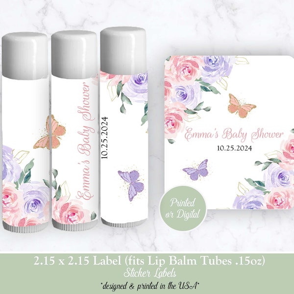 Butterfly Baby Shower Lip Balm Labels, Butterfly Pink Purple Lip Balm Label Stickers, Baby Shower Butterfly Lip Balm Labels