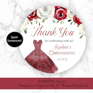 Quinceanera Red Stickers, Quinceanera Red Floral Stickers, Sweet Sixteen Red Floral Favor Stickers, Red Favor Stickers