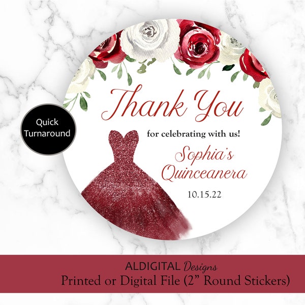 Quinceanera Red Stickers, Quinceanera Red Floral Stickers, Sweet Sixteen Red Floral Favor Stickers, Red Favor Stickers