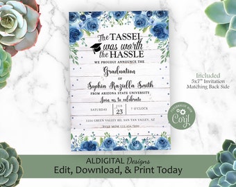 Graduation Invitation, Graduation Announcement, Blue Floral Graduation Announcement, Blue Floral Graduation Invitation, Editable Template