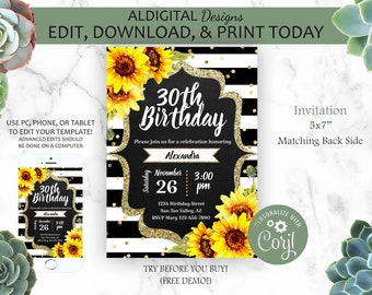 Sunflower Birthday Invitation, 30th Birthday Invitation, Milestone Birthday Invitation, EDITABLE