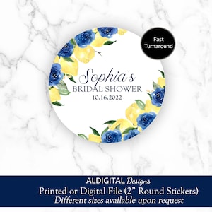 Lemon Bridal Shower Sticker, Lemon Bridal Shower Favor Stickers, Lemon Blue Bridal Shower Stickers, Lemonade Blue Favor Stickers