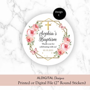 Baptism Thank You Stickers, Baptism Pink Favor Stickers, Baptism Pink ...