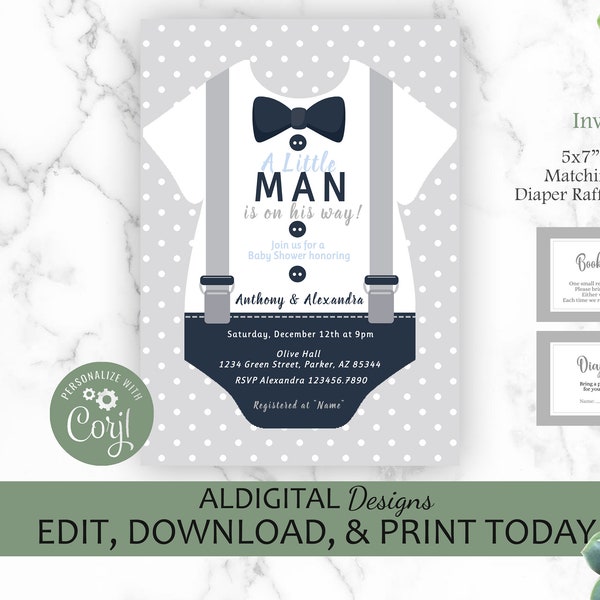 Little Man Baby Shower Invitation, Little Man Invitation, Suspenders Bow Tie Invitation, Boy Baby Shower Invitation, EDITABLE TEMPLATE