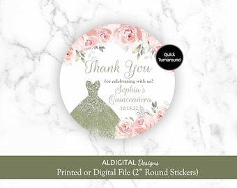 Quinceanera Sage Pink Floral Stickers, Quinceanera Pink Sage Floral Stickers, Sweet Sixteen Sage Floral Favor Stickers, Pink Sage Stickers