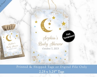 May include: A blue and gold baby shower favor tag with a crescent moon and stars. The tag reads "Sophia's Baby Shower, October 7, 2023".