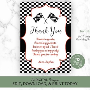 Racing Thank You Card, Race Car Thank You Card, Thank You Card, Racing Thank you note, Racing Birthday Party Thank You Card
