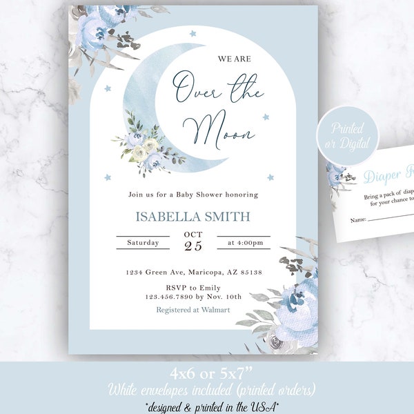 Over the Moon Invitation, Over the Moon Blue Invitation, Over the Moon Baby Shower Invitation, Blue Moon Baby Shower Invitation