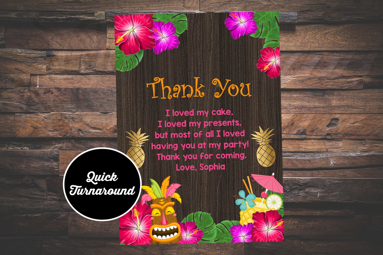 Luau Thank You Card Luau Birthday Thank You Card Hawaiian Etsy