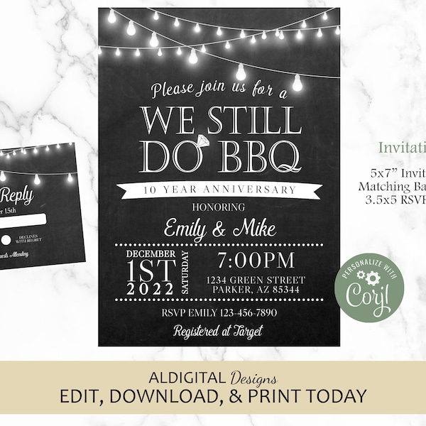 We Still do BBQ, Rustic Chalkboard Anniversary Invitation, Vow Renewal Invitation, Vow Renewal BBQ Invitation, EDITABLE