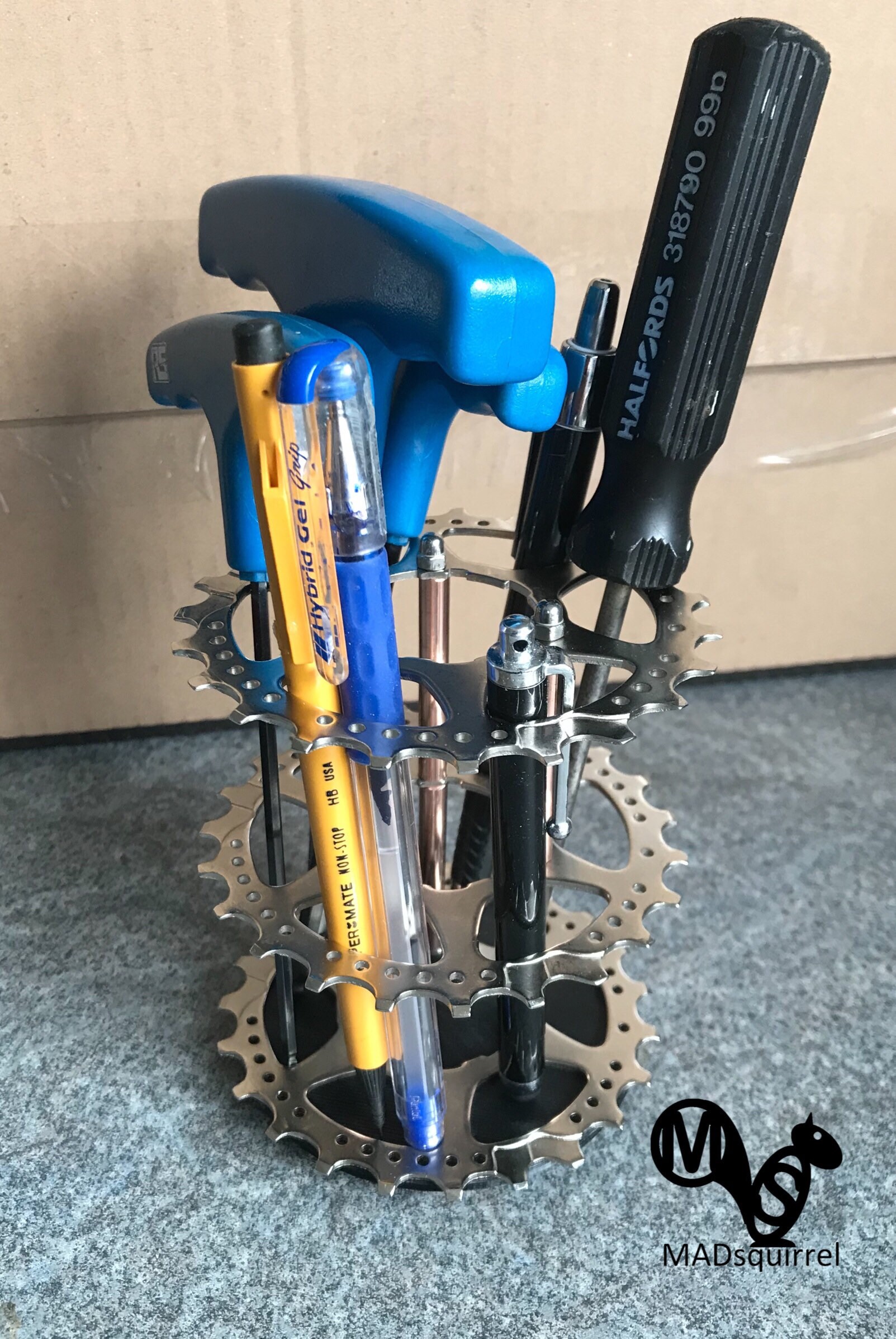 Triple Bicycle Sprocket (silver) and Copper Tube Pen, Brush or Tool Holder