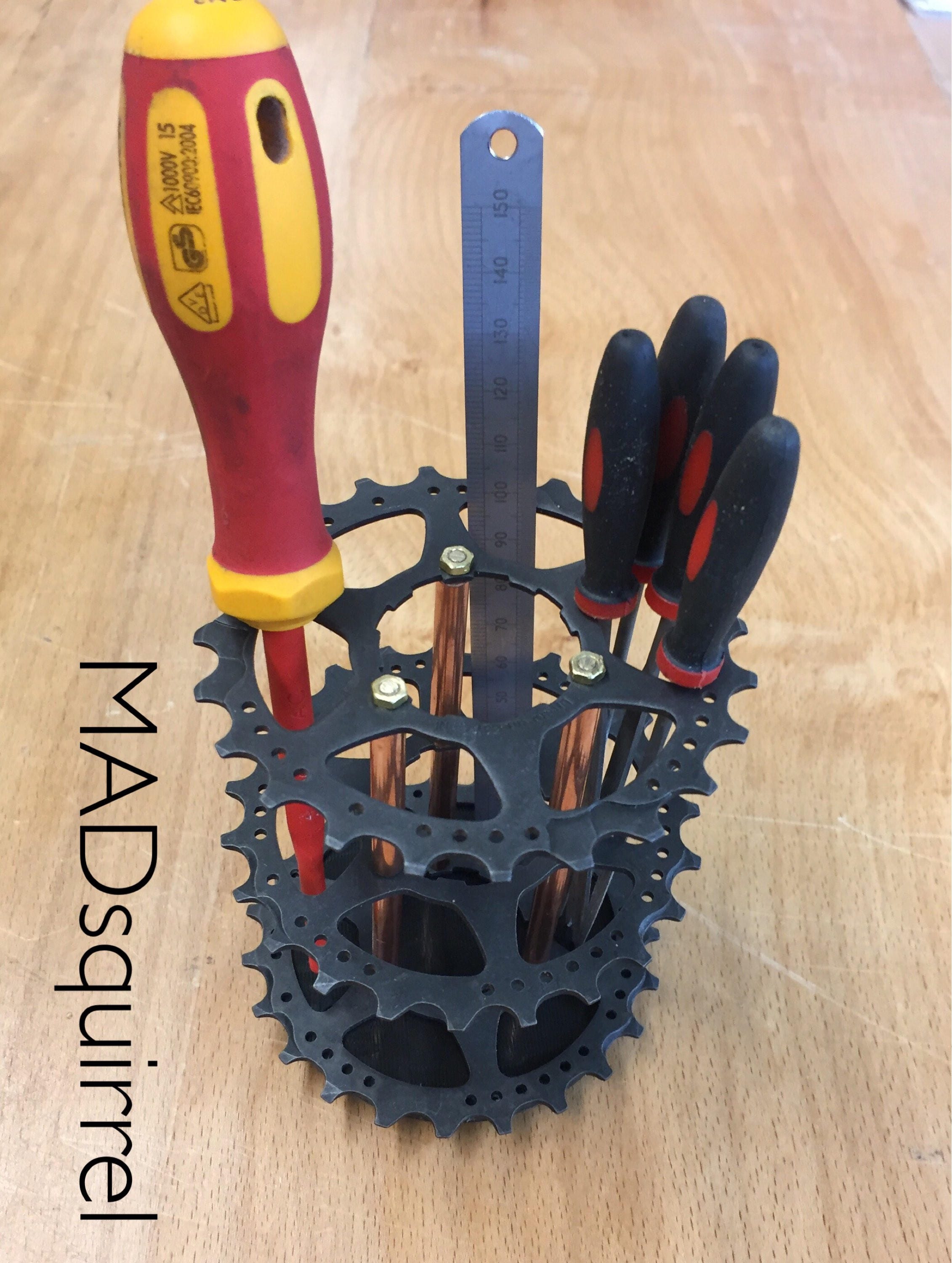 Triple Bicycle Sprocket (black) and Copper Tube Pen, Brush or Tool Holder