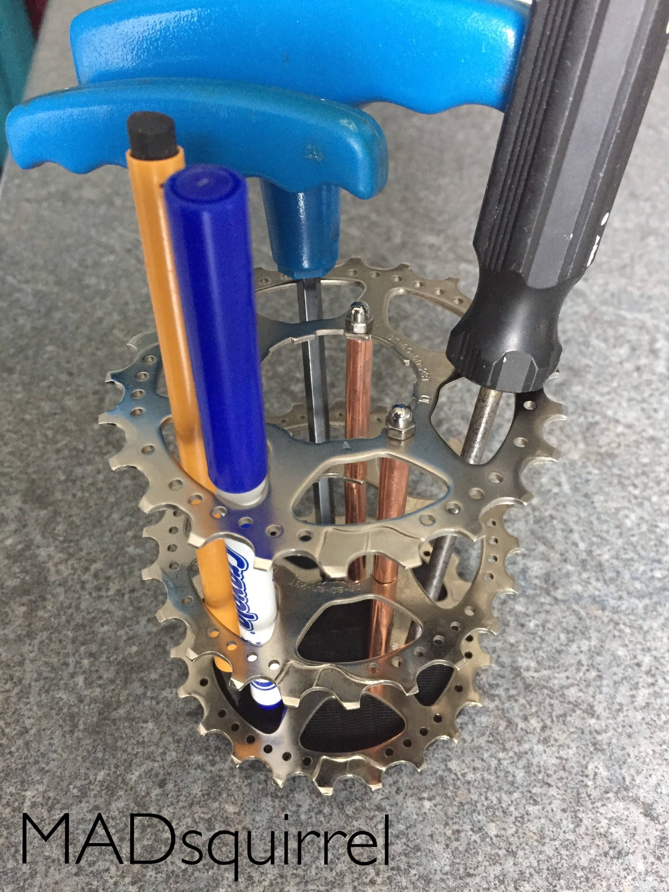 Triple Bicycle Sprocket (silver) and Copper Tube Pen, Brush or Tool Holder
