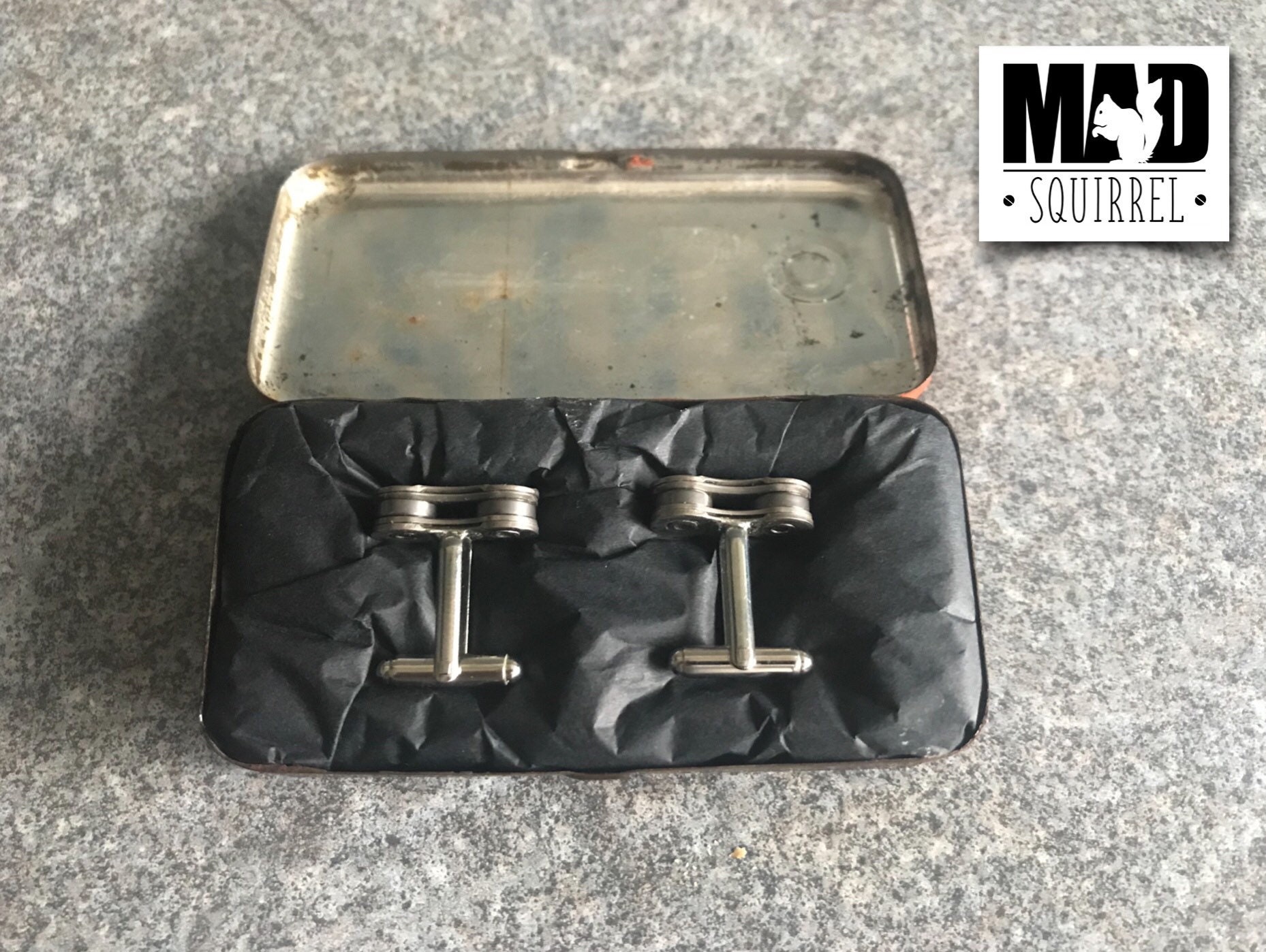 Vintage Squarer Halfords Puncture Repair Tin with Shimano Cufflinks