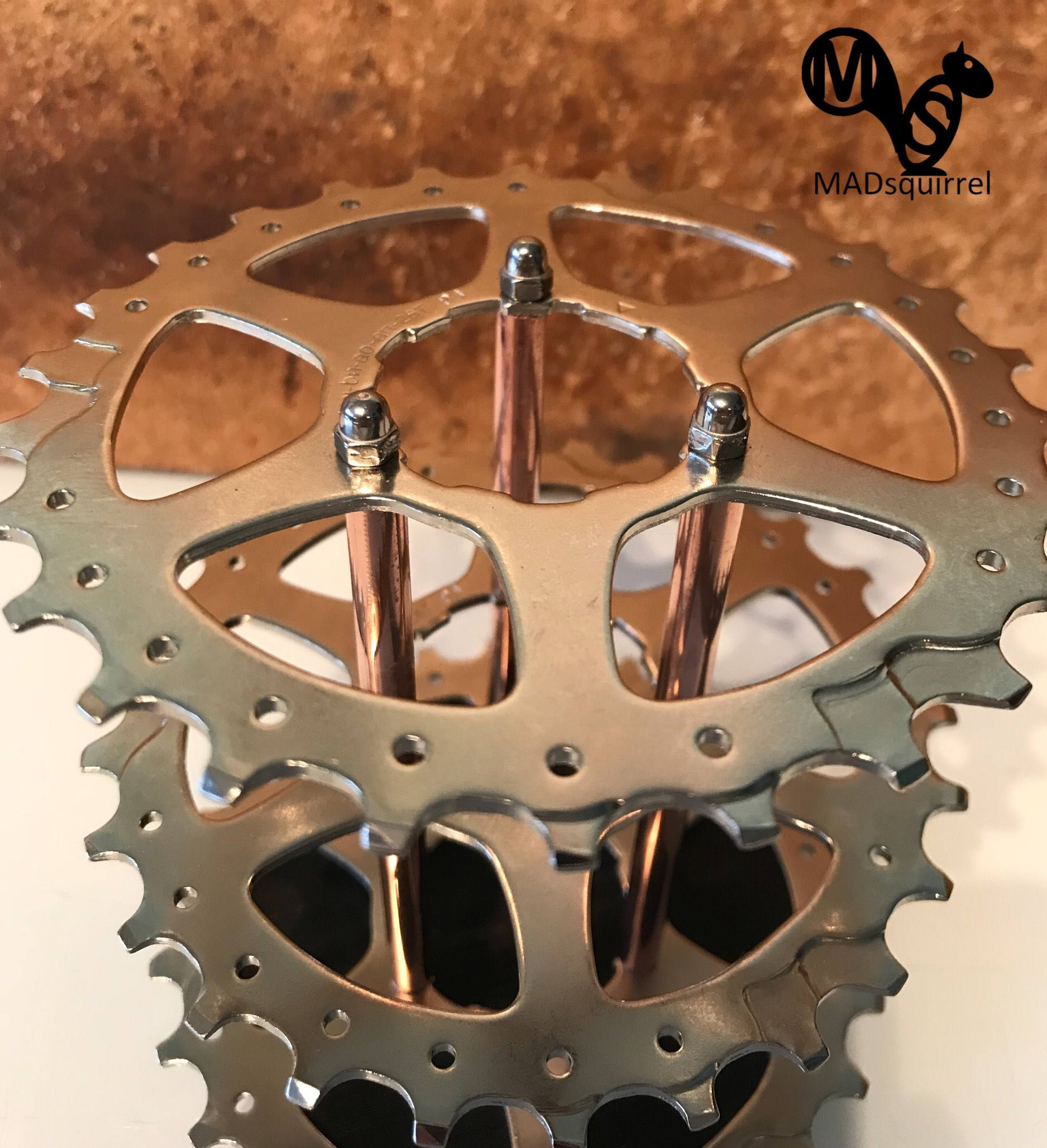 Large Triple Bicycle Sprocket (silver) and Copper Tube Pen, Brush or