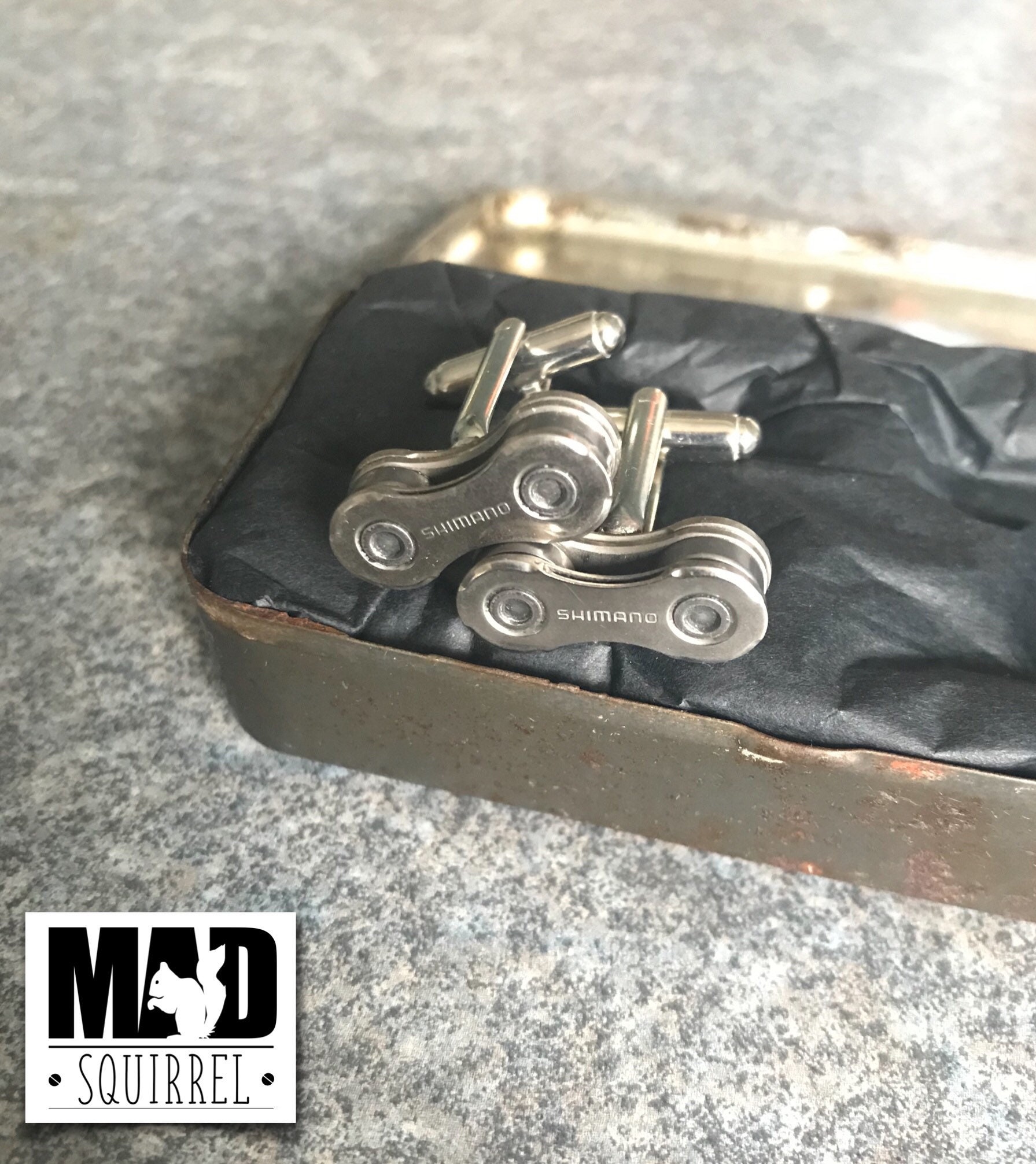 Vintage Squarer Halfords Puncture Repair Tin with Shimano Cufflinks