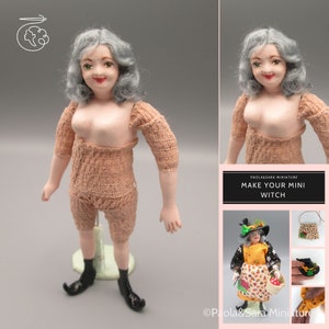 Undressed witch doll for miniature dollhouse in 1/12 scale - posable | Wig included