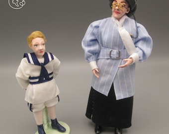 Dolls for miniature dollhouse in 1/12 scale - posable | Material: porcelain and resin