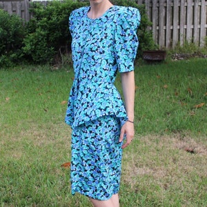 Vintage schwarz und blau FloralPrint Retro 80er Jahre Kleid Bild 4