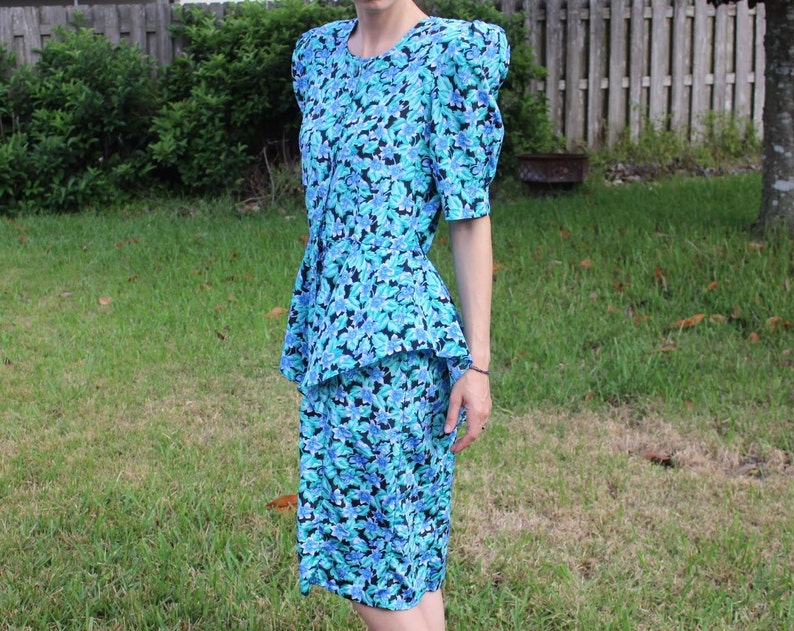 Vintage Black and Blue FloralPrint Retro 80s Dress image 4