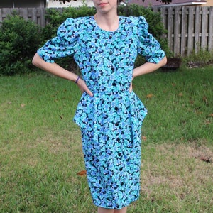 Vintage Black and Blue FloralPrint Retro 80s Dress image 3