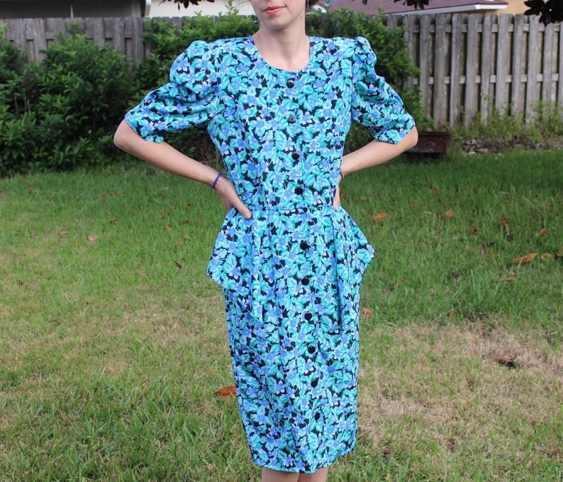 Vintage Black and Blue FloralPrint Retro 80s Dress image 3