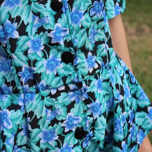 Vintage Black and Blue FloralPrint Retro 80s Dress image 6