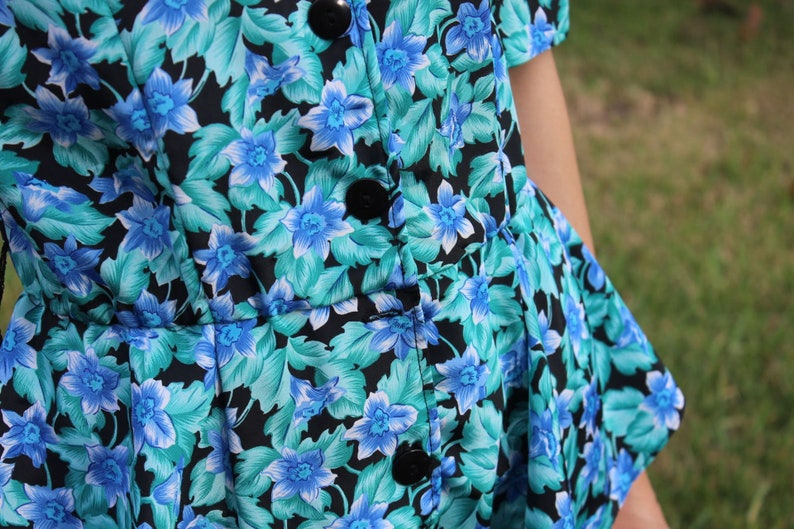 Vintage Black and Blue FloralPrint Retro 80s Dress image 6