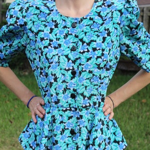 Vintage Black and Blue FloralPrint Retro 80s Dress image 1