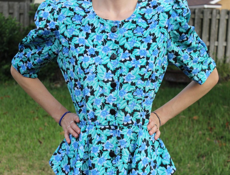 Vintage Black and Blue FloralPrint Retro 80s Dress image 1