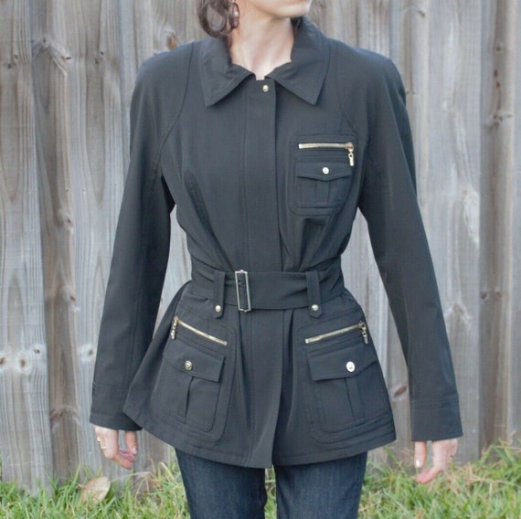 Escada Black And Gold Zip Up Jacket With Belt Escada Black And Gold Zip Up Jacket, Gold Trench Coat Zip