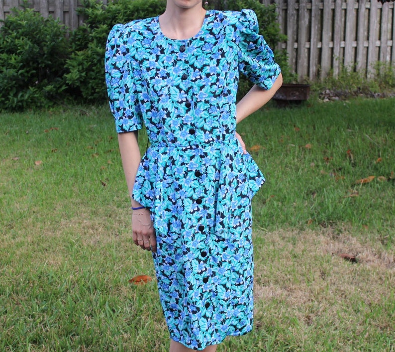 Vintage Black and Blue FloralPrint Retro 80s Dress image 2