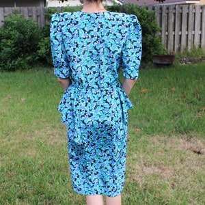 Vintage Black and Blue FloralPrint Retro 80s Dress image 5