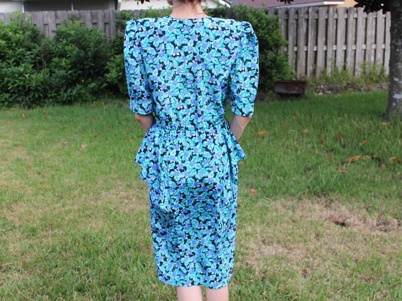 Vintage Black and Blue FloralPrint Retro 80s Dress image 5