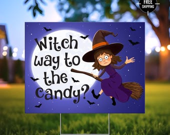 Witch Way to Candy Halloween Yard Sign, Coroplast Lawn Decor (24x18, 4mm)