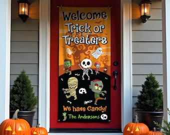 Personalized Halloween Welcome Banner, Trick or Treaters, 13oz Scrim Vinyl